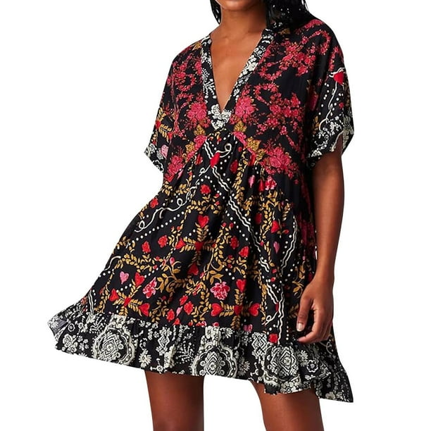 Vestido de Manga Corta para las Mujeres Sexy Boho Impresión de Bolsillo Vestido con Cuello en V, Vestido de Verano para las Mujeres