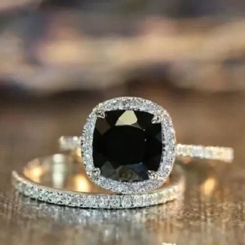 3Ct Cushion Cut Simulated Black Diamond Women's Wedding Ring Set 14K White Gold Plated