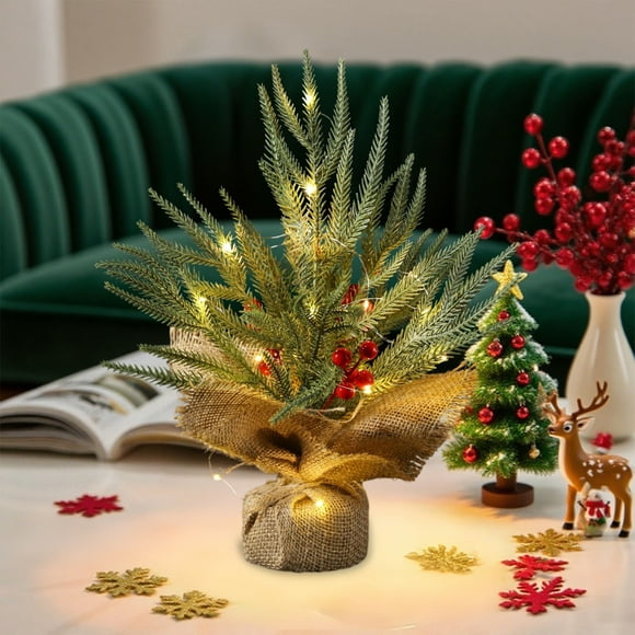 Rvkxad Lighted Tabletop Christmas Tree, 12 Inch Artificial Mini with Red Berry Pine Cones Burlap Base for Home Decor, LED Christmas Tree, Holiday Tree