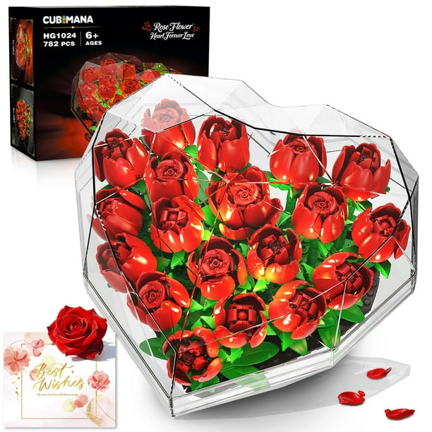 Set de construcción con forma de ramo de flores CUBIMANA, 19 rosas, con luces LED