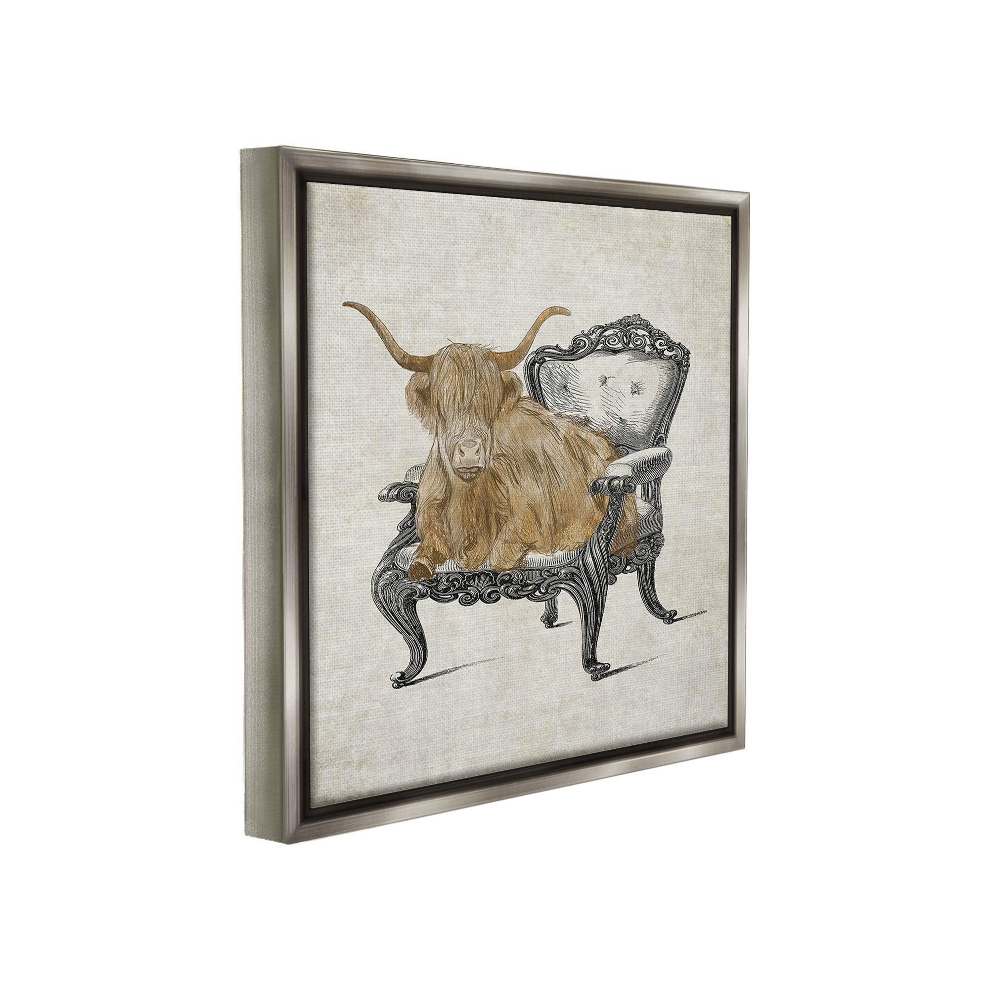 Stupell Industries Longhorn & Vintage Armchair Animals & Insects Painting Gray Floater Framed Canvas Art Print Wall Art, 25 x 25