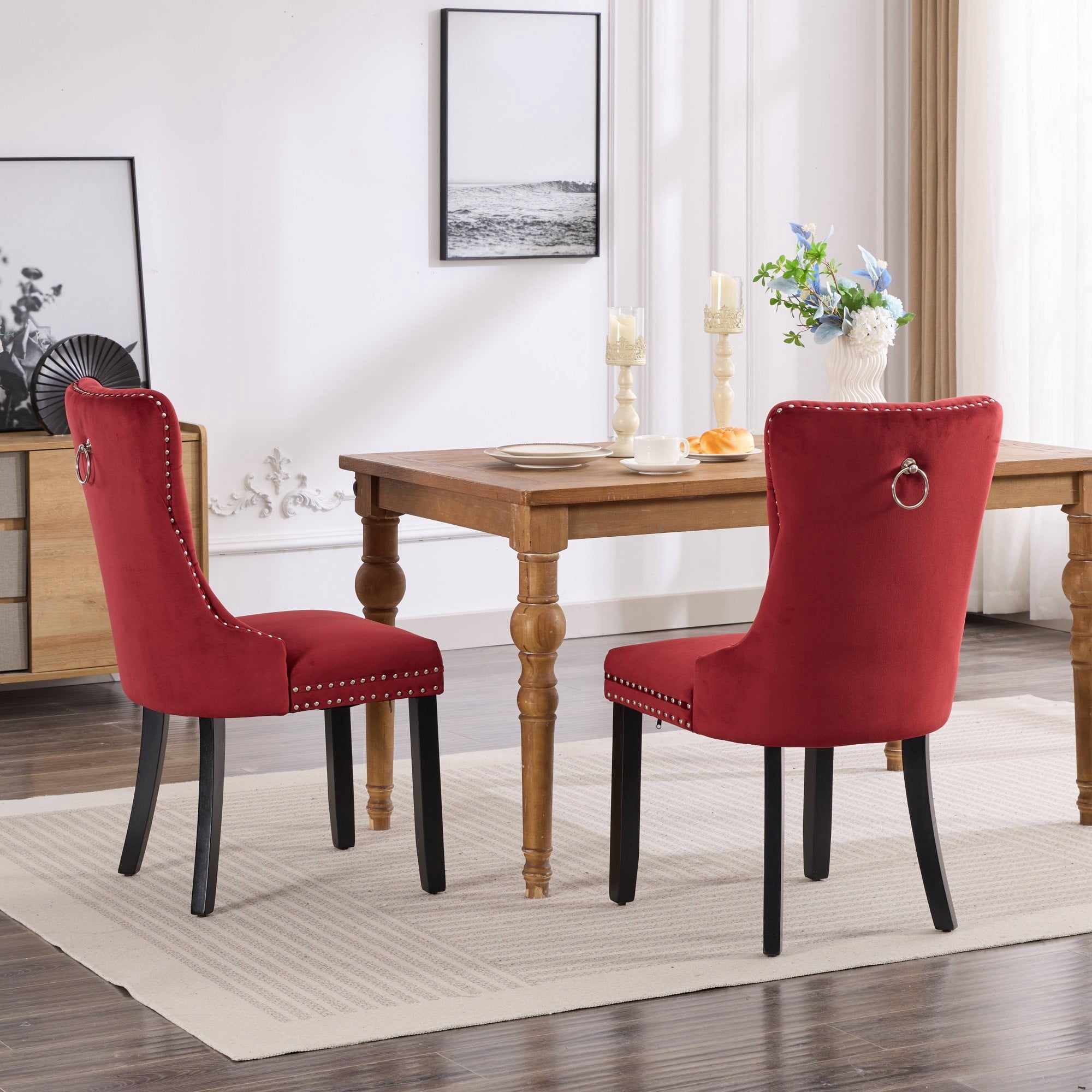 Gewnee Set of 2 Modern Velvet Tufted Upholstered High End Dining Chairs with Wood Legs & Nailhead Trim for Dining Room Kitchen, Burgundy