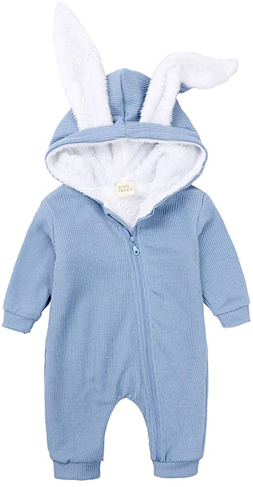 Kids Tales Newborn Baby Winter Warm Outfits Cute Rabbit Ear Hooded Zipper Romper 