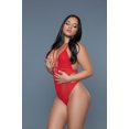 thumbnail image 2 of Saronite Sexy Lingerie Elise Lace Strappy Front Detail Cut-out Deep V Neck Back Adjustable Crisscross Bodysuit Teddy, Red (Women's), 2 of 2