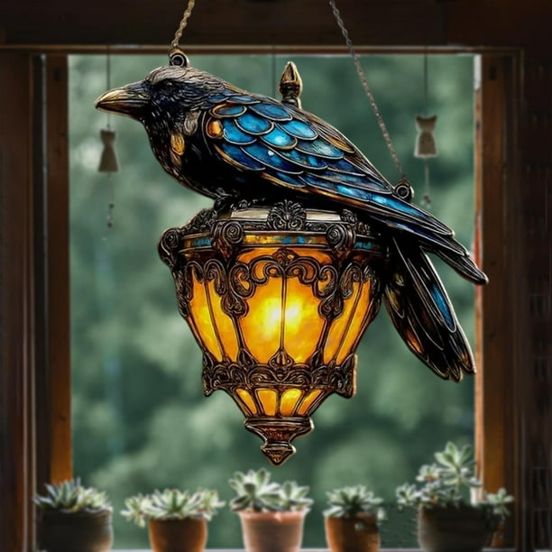 Lunxisen 1 Pcs Raven Gothic on Lantern Suncatcher, Ornament Faux Stained Glass Crow on Lamp, Decor for Dark Academia Home(20cm)