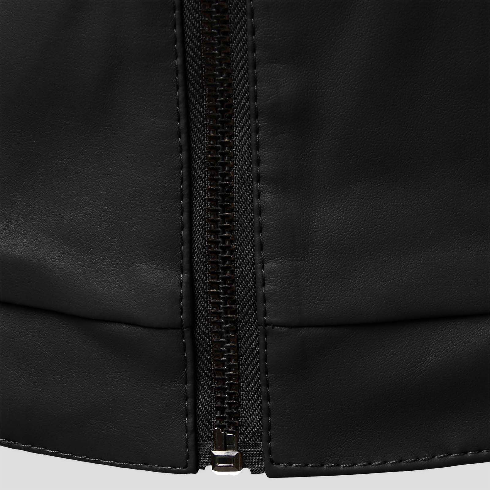 RYDCOT Men Solid Color Leather Jacket Outerwear Fashion PU Leather Long Sleeved Stand Collar Coat Black