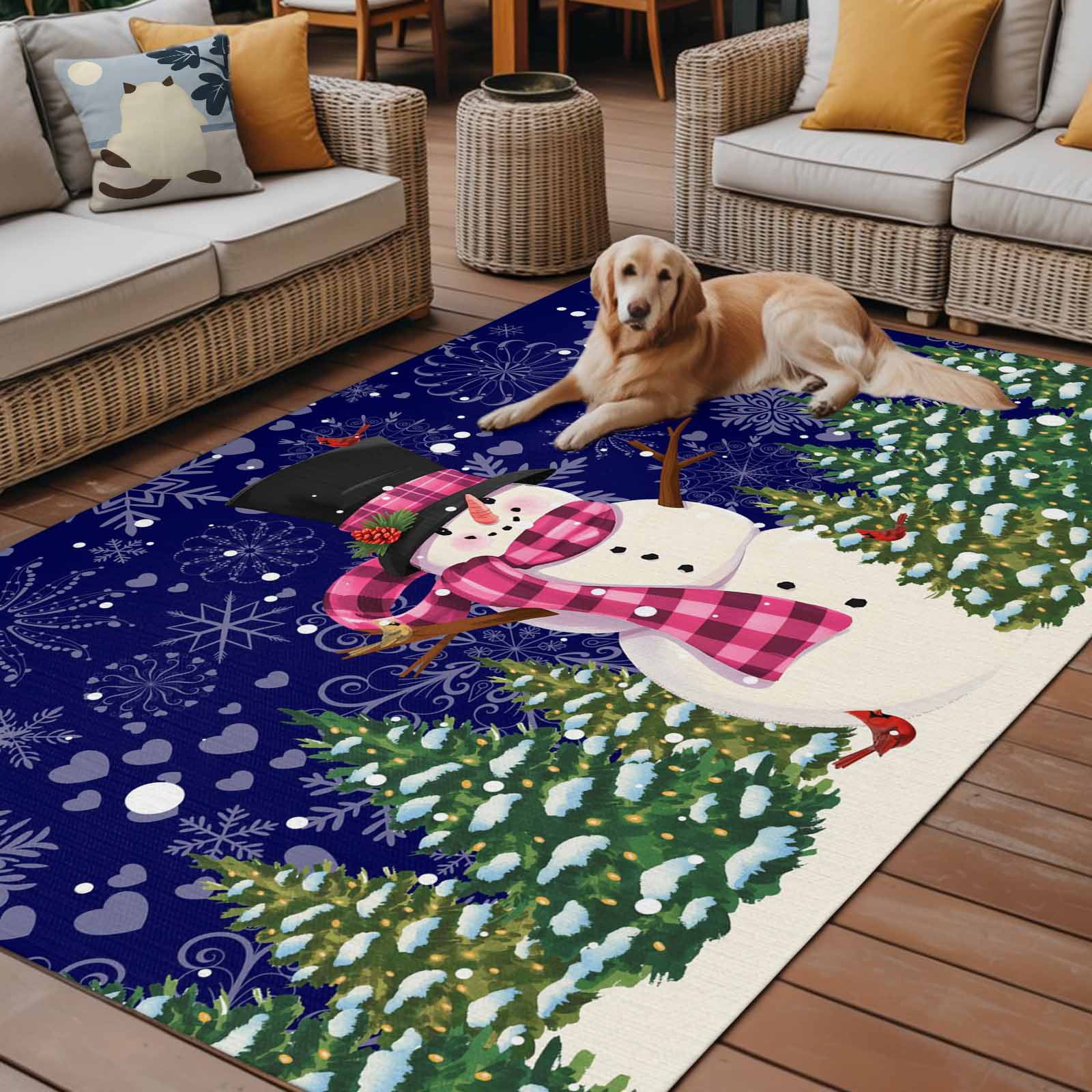Fsddascl Navy Blue Snowman Christmas Outdoor Rug for Patio/Deck/Porch, Non-Slip Large Area Rug 4 x 6 Ft, Green Xmas Tree Snowflake Indoor Outdoor Rugs Washable Area Rugs, Camping Rug Carpet Runner
