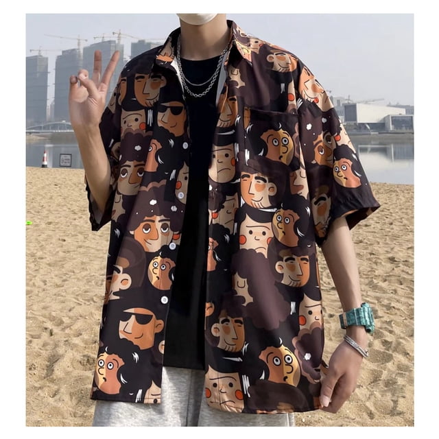 Camisa con botones para hombre, media manga, personajes de dibujos animados, camisa holgada informal con botones de manga corta para verano