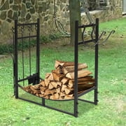 Ktaxon 30" Firewood Rack Indoor Fireplace Tool Rack Outdoor Log Rack with 4 Tools Wood Holder Storage Stacking Black Wrought Iron Fireplace Logs Holder Stove