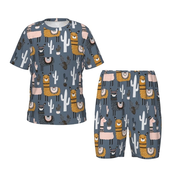 Fotbe Llama and Cactus Pijama Estampada de 2 Piezas para Niños – Ropa de Dormir de Manga Corta Cómoda para Niños y Niñas, Camiseta y Shorts de Algodón-XX-Large