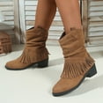 thumbnail image 4 of Dasayo Mid-Calf Women Boots Footwear Slouch Wide Calf Brown Fringe Cowgirl Western Low Heel Boots Womens Shoes 37, 4 of 9