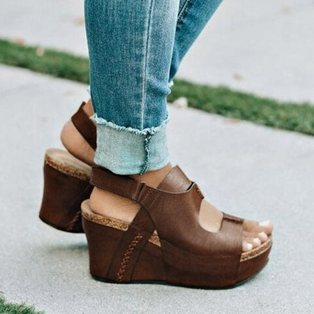

HIBRO Ladies Shoes Open Toe Breathable Beach Sandals Casual Solid Color Wedges Shoes