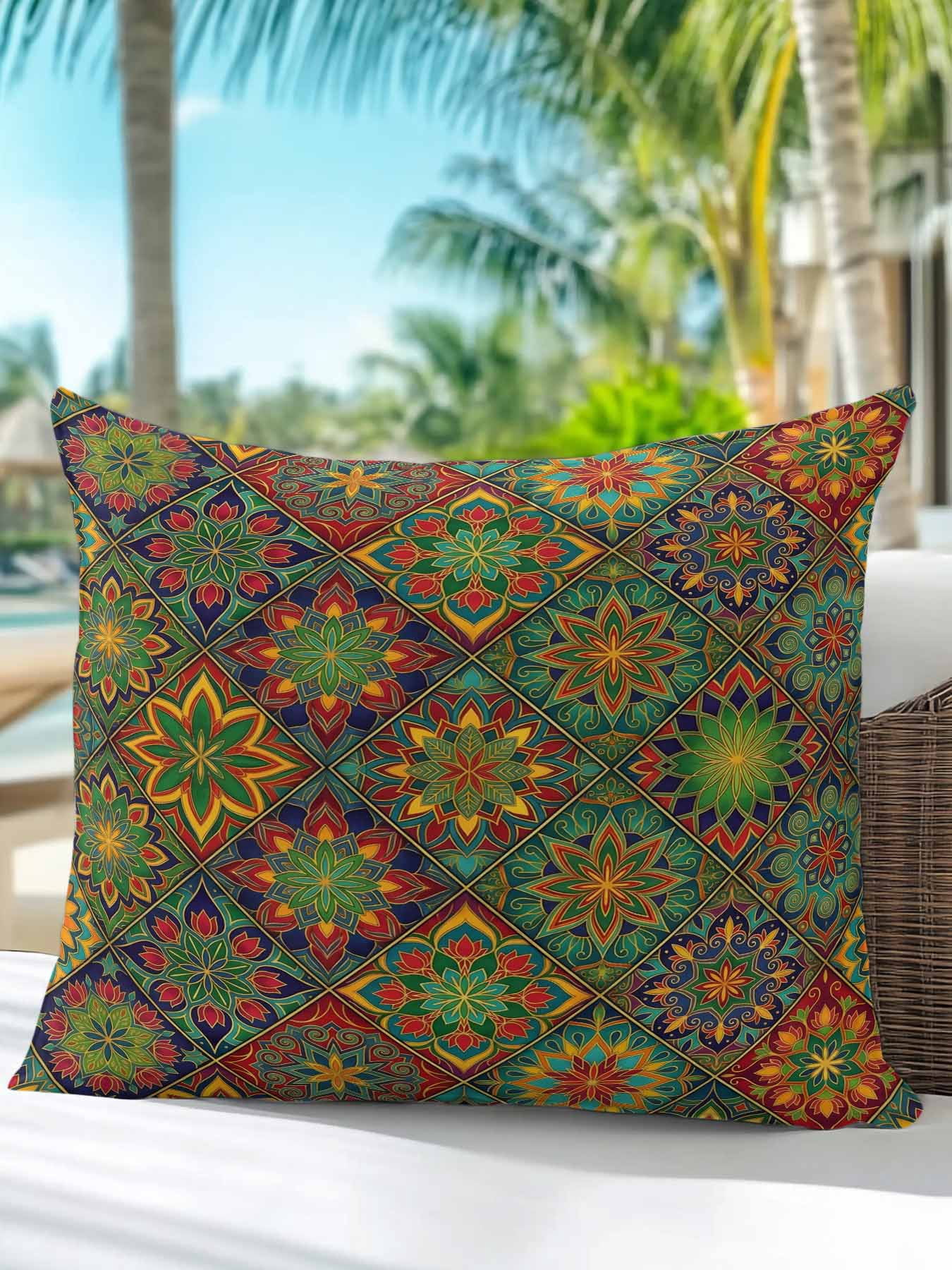 1 Pack Outdoor Throw Pillow, Retro Boho Waterproof Pillow with Insert Included, Green Blue Red Ethnic Floral Geometric Abstract Decorative Accent Cushion Sofa Pillows for Patio Porch, 18 x 18 In