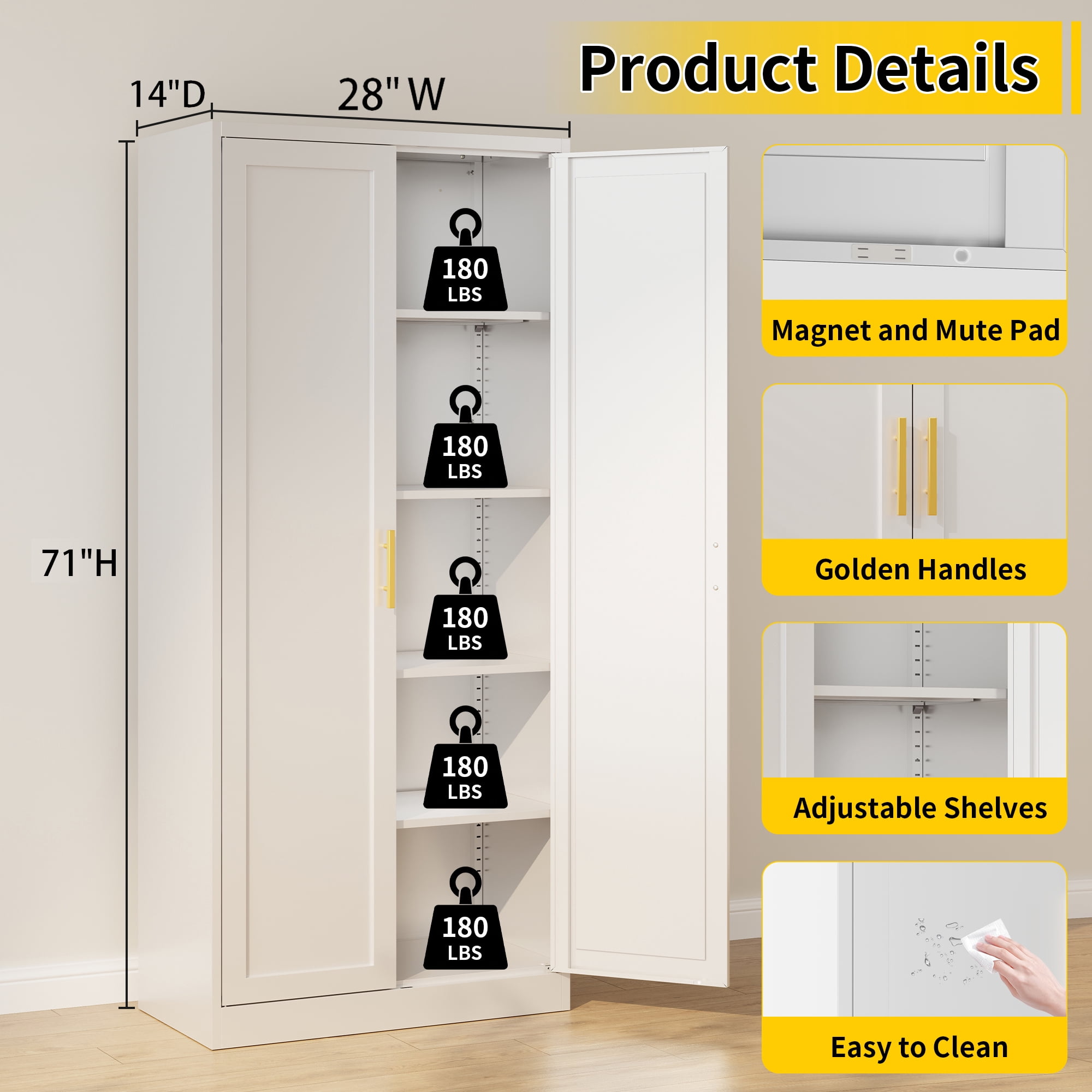 Metal Kitchen Pantry Cabinet, 71"H x 28"W x 14"D Pantry Cabinets with 2 Doors and 4 Adjustable Shelves for Kitchen Storage, Metal  Cabinet for Kitchen, Dining Room, Living Room -White