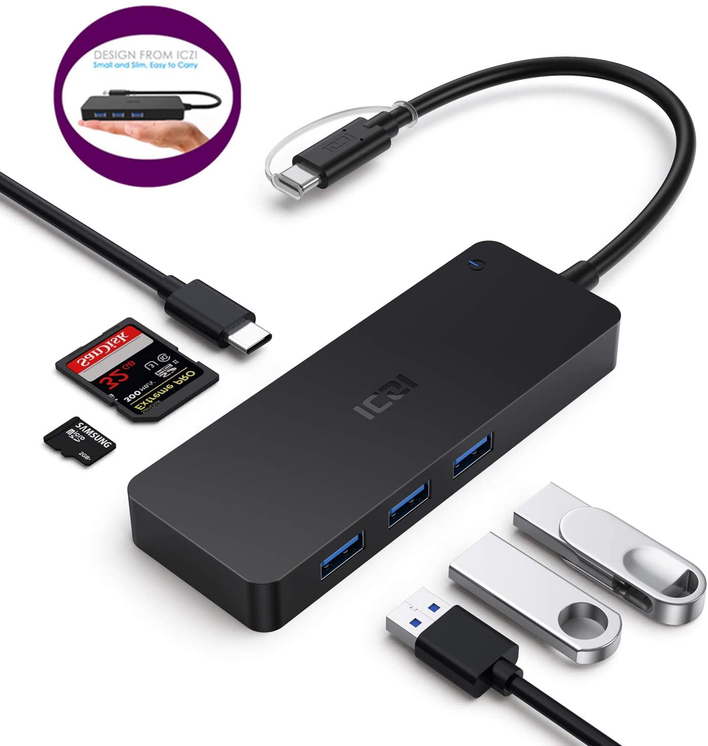 USB C Hub, ICZI USBC Hub (Thunderbolt 3 Port Compatible) with 3Port USB 3.0, Card Reader (SD