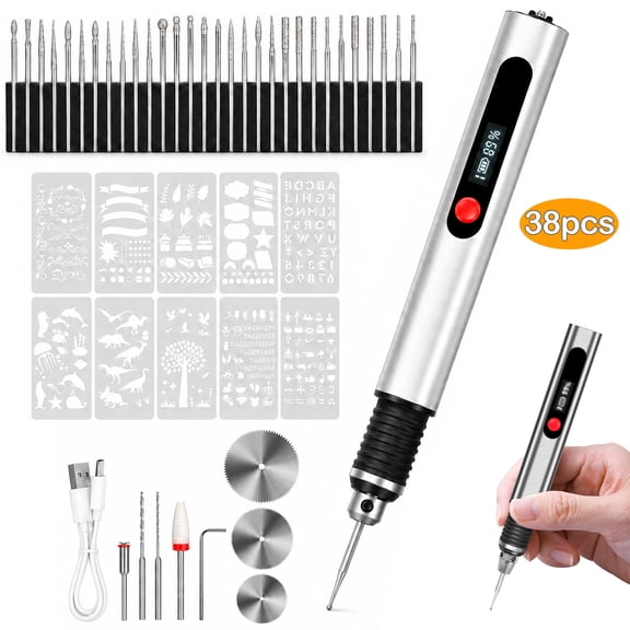 Upgraded Electric Engraving Pen with 38 Bits, Mini Electric DIY Engraver Cordless Rotary Tools Portable Engraving Pen for Metal, Wood, Glass and Plastic, Jewelry (Silver)
