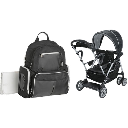 Graco Gotham Backpack Diaper Bag and 2 Click Stand & Ride Double Stroller Bundle