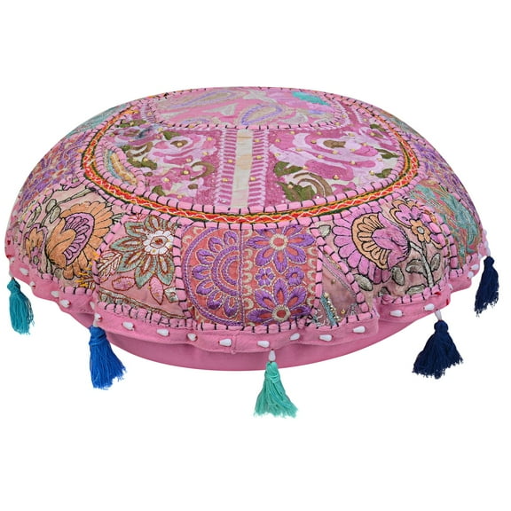 Stylo Culture Ethnic Floor Pillow Cushion Vintage Bohemian Patchwork Cover Round Blush Pink Throw Pillow Cover 18 Small Decorative Decor Seating Pouf Cover Footstool Cotton Embroidered 1 Pc