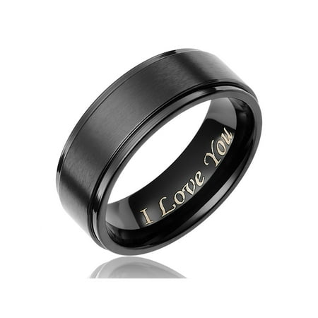 Cavalier Jewelers Mens Wedding Band in Titanium 8MM Black Plated Ring - Engraved I Love