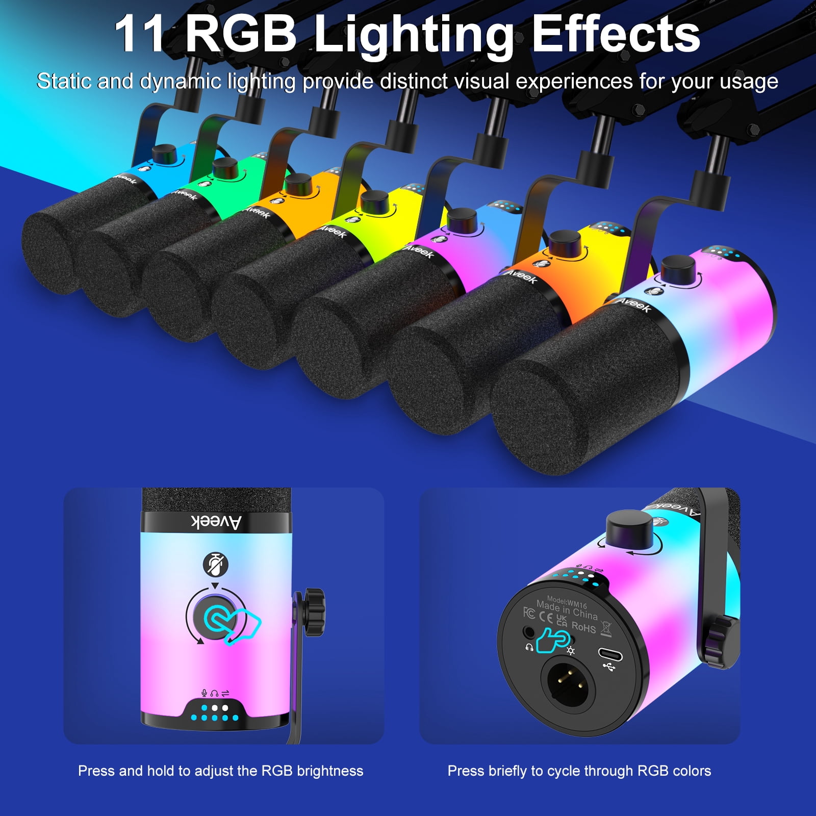 Aveek RGB USB Gaming Microphone Set with Adjustable Boom Arm, Dynamic Podcast Mic with Mute Gain Control & Headphone Jack for Streaming Recording