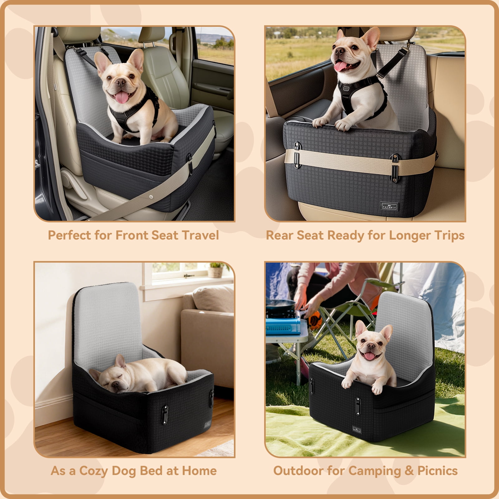 PETSFIT Dog Booster Car Seat for Small/Medium Dogs Up to 35 lbs – Patented Safety System, 6" Memory Foam Pet Booster Car Seat, Fully Detachable and Washable,2 Storage Pockets (Black & Grey)