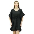 thumbnail image 4 of Bimba Women's V Neck Tassel Kaftan Short Rayon Caftan Designer Beachwear Coverup Dress, 4 of 9