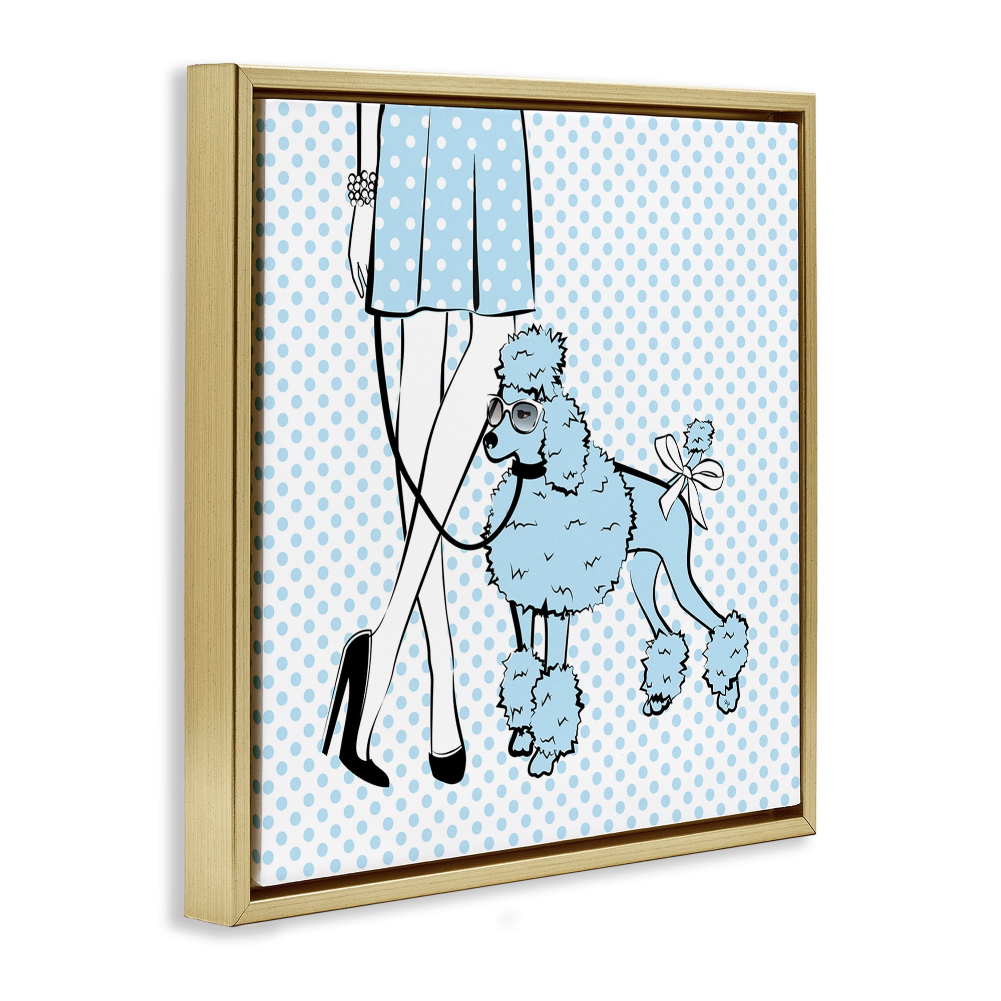 Stupell Industries Dotted Girl & Poodle Novelty Painting Gold Floater Framed Art Print Wall Art, 18 x 18