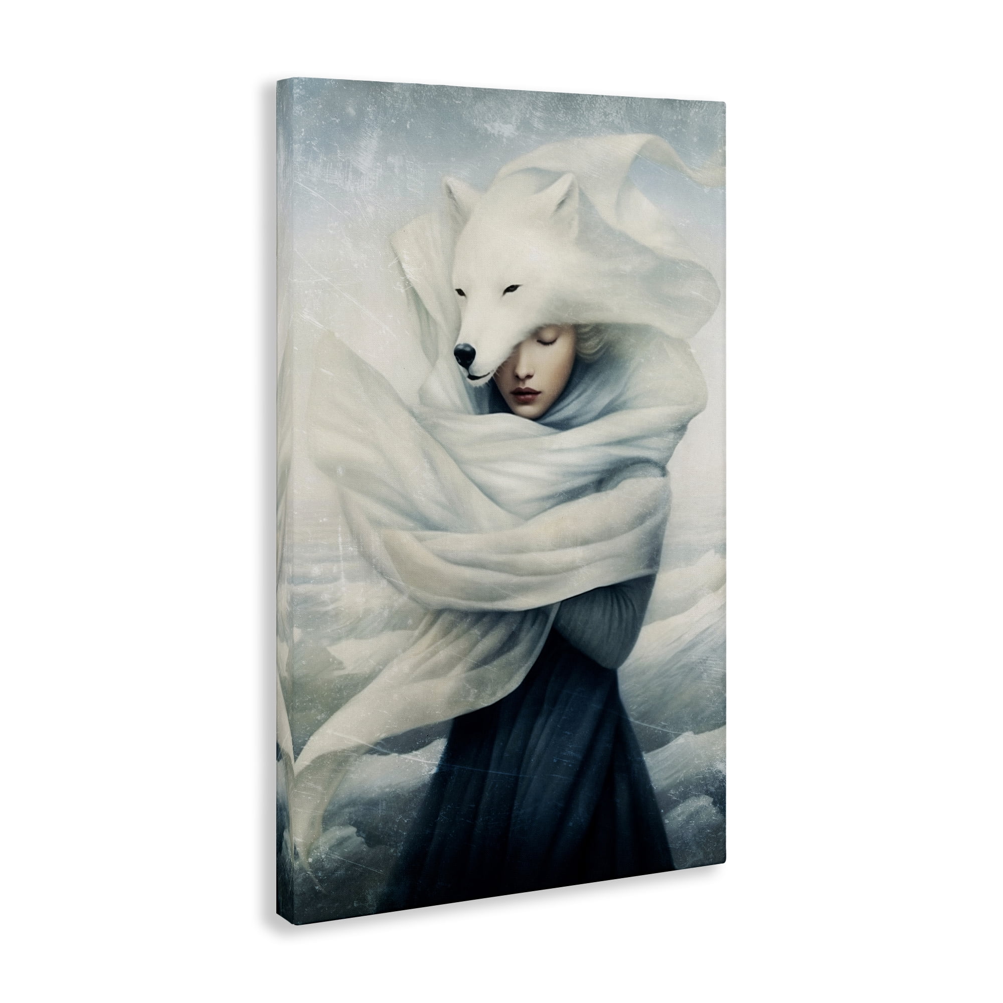 Stupell Industries Wolf Swathed Woman People Painting Wrapped Canvas Art Print Wall Art, 24 x 36