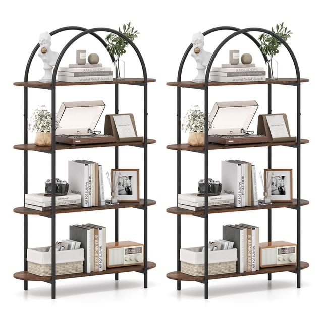 Costway 2 PCS Arched Bookshelf, 4-Tier Open Bookcase with Sturdy Metal Frame for Living Room Rustic Brown and Black