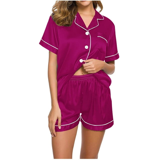Timegard Ensembles 2 Pcs pour Femmes Été Col à Revers Col en V Boutons Manches Courtes Hauts Shorts Tenues de Détente Confortables Pyjamas