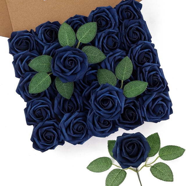 50 rosas artificiales con tallos y flores de espuma de tacto real para hacer tú mismo, ramo de boda, centro de mesa, arreglo floral, fiesta, decoración del hogar (color azul)
