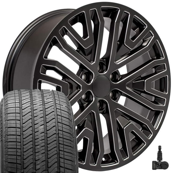 OE Wheels CV37 22 Inch Rims and Tires Fit Sierra 1500 Style 6x139.7 22x9 Satin Black with Milled Edge - Hollander 5906 - Alenza A/S 02 275/50-22 (Set of 4)