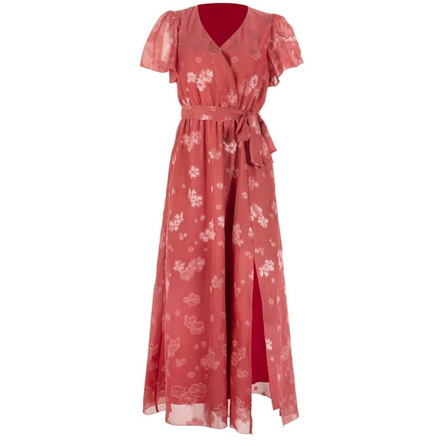 B91xZ Robes d'Été pour Femmes Col Carré à Volants Robe Babydoll Fluide, Rouge Melon D\'eau TG