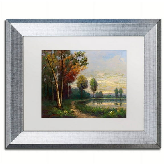 Trademark Fine Art "Landscape with a Lake" Canvas Art by Daniel Moises, White Matte, Silver Frame