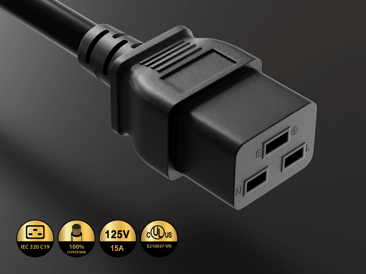 Cable Leader 15 ft 14 AWG 15A 125V Power Cord NEMA 5-15P to IEC320 C19, UL Listed