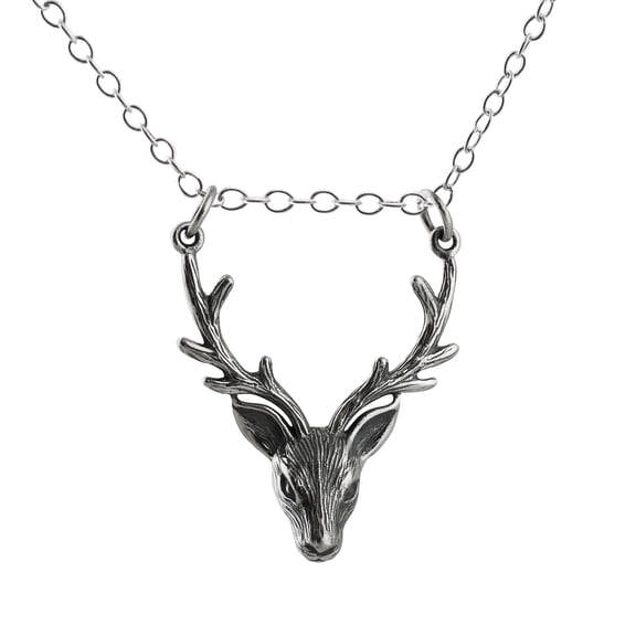 Sterling Silver 3D Stag Head Antler Pendant Necklace, 18", Deer Hunting