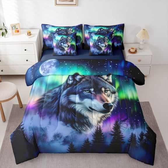 Homewish Wolf 7-Piece Reversible Twin Comforter Set for Teens, Aurora Gradient Design