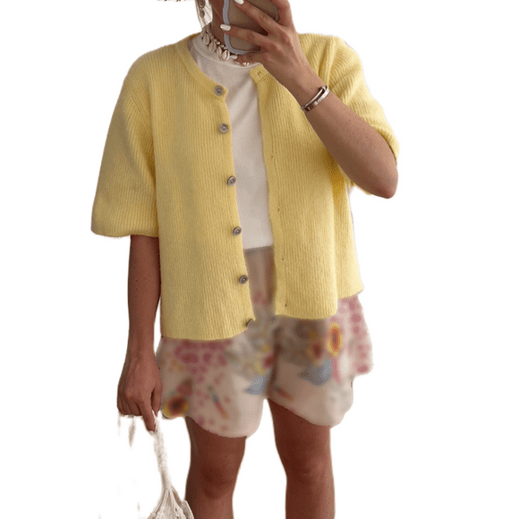 Gupgi Knitted Crop Cardigan for Women Short Sleeve Button Down Sweater Solid Color Ribbed Tops
