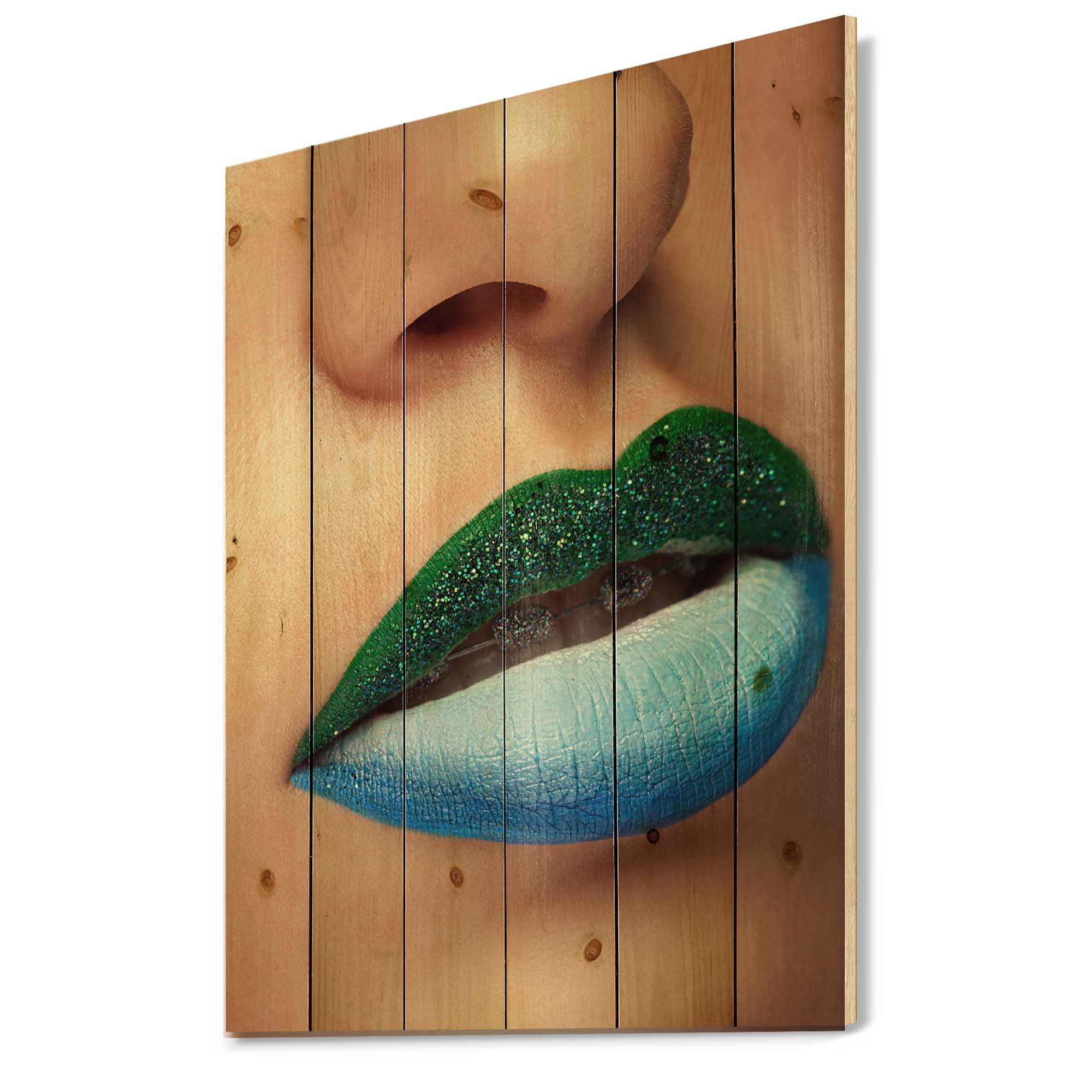 Designart 'Close Up Woman Lips With Fashion Make Up and Brackets' Modern Print on Natural Pine Wood