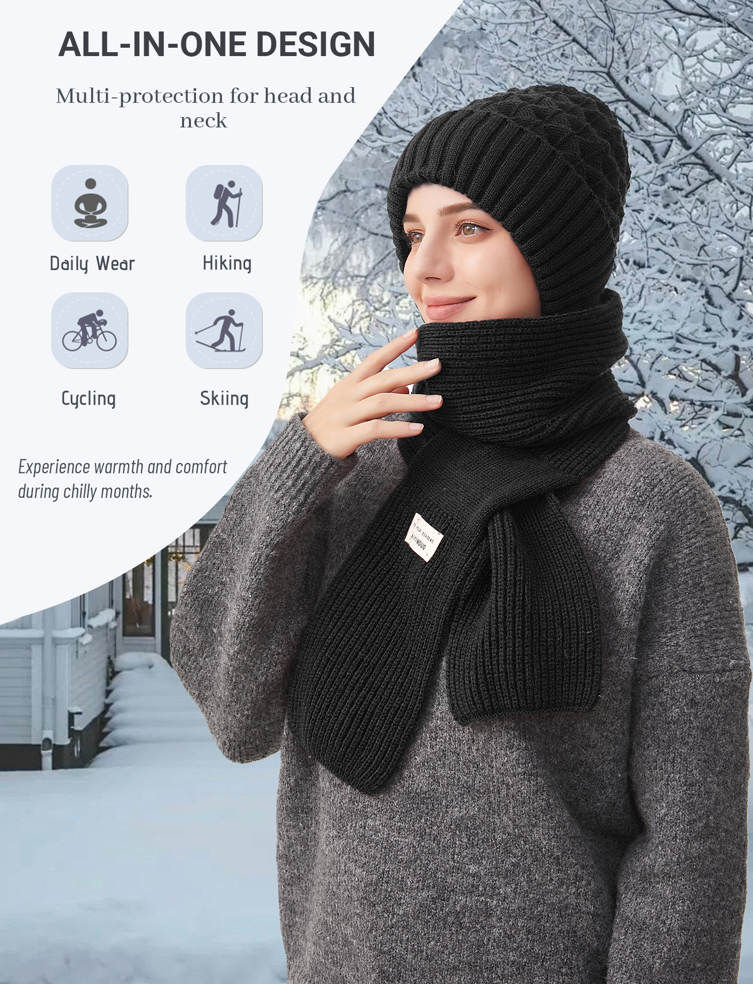 FEOYA Women Balaclava Hood Scarf Hat Winter Beanie Hats Scarf One Piece Integrated Ear Protection Windproof Cap Scarf Warm Fleece Knitted Ski Scarf Hat Black