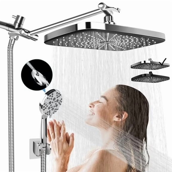 PHANCIR 12 Inch Rain Shower Head Combo, High Pressure Rainfall with Ajustable Extension Arm, 7 Modes Handheld Showerhead for Bathroom, Chrome