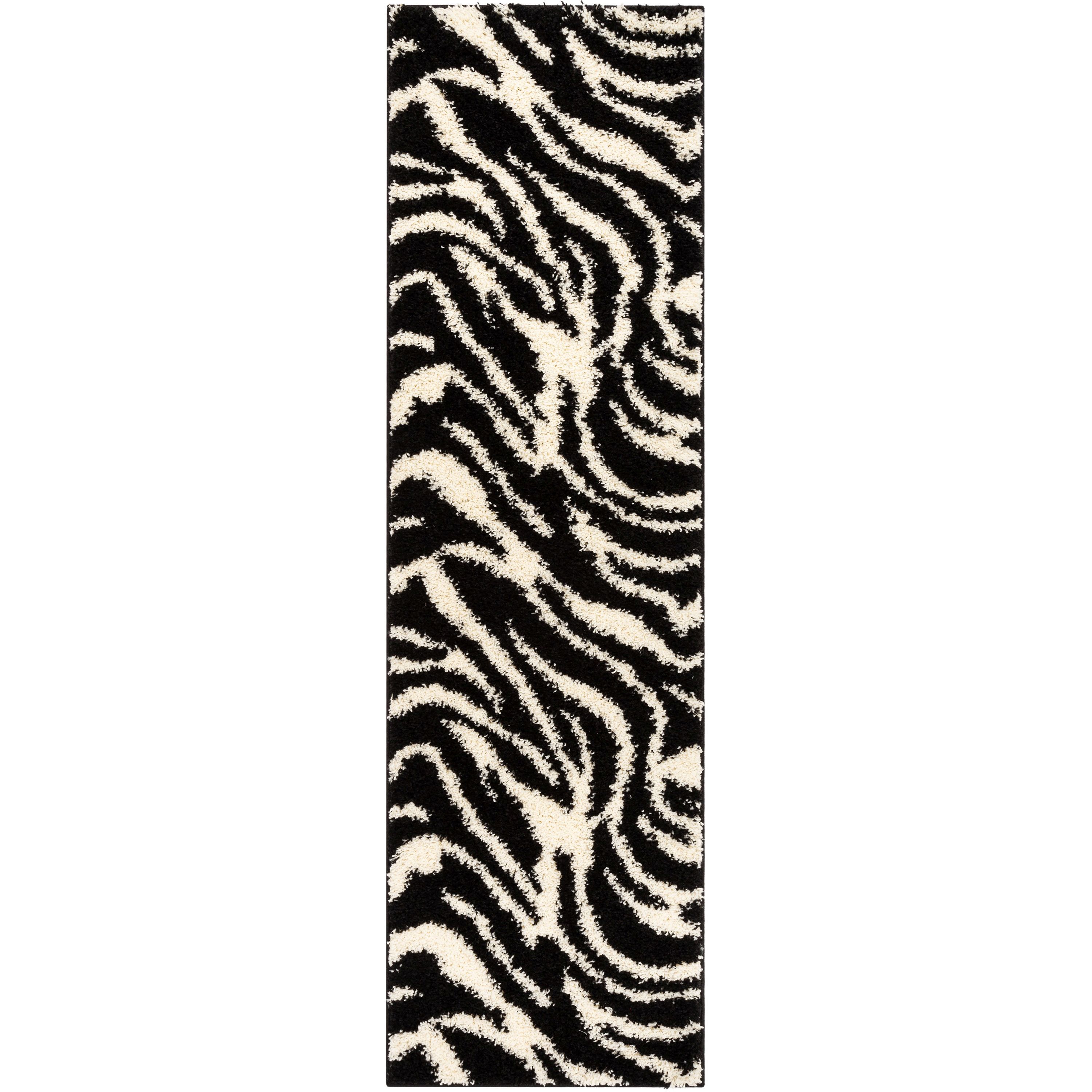 Well Woven Mazie Modern Animal Print (2'7" x 9'10") Runner Rug Shag Zebra Black Ivory - image 2 of 7