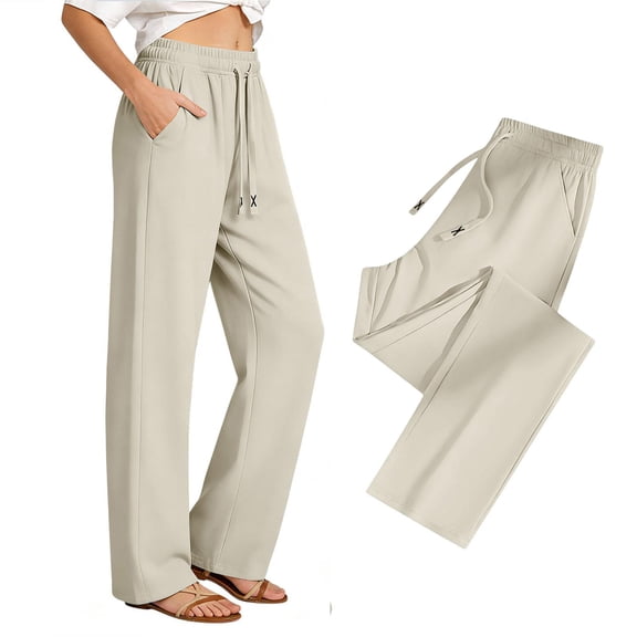CBASIHI Womens Quick Dry Athletic Pants with Pockets- Summer High Waisted Elastic Drawstring Waist Casual Long Pants Beige Size S-2XL