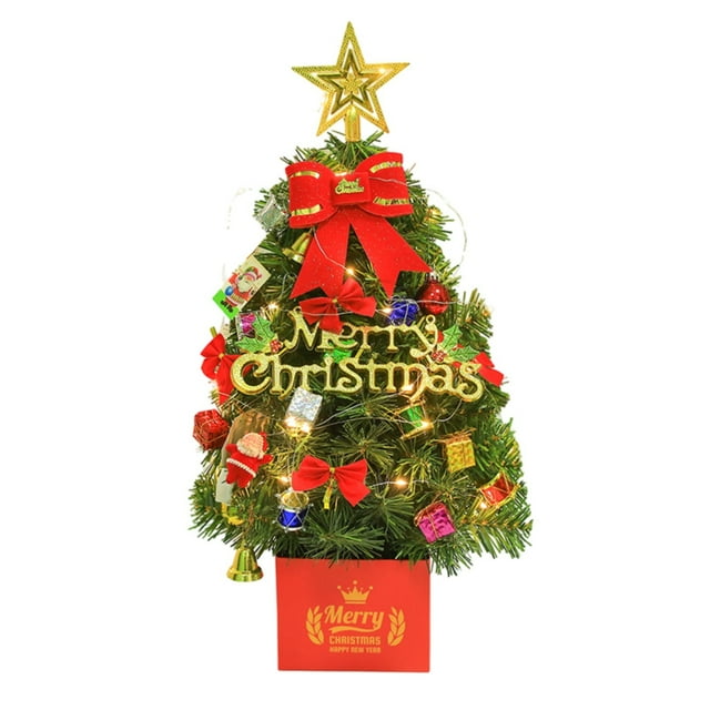 24-Inch Pre-Lit Artificial Christmas Tree with Ornaments, LED Lights, Red Bow, and Star Topper for Home Decor