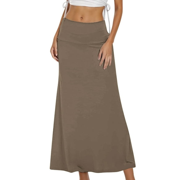 Aocisk Women's Flowy A Line Skirt Casual High Waist Pleated Midi Skirt for Daily Wear Comfortable Stretchy Soft Fabric Fashionable Khaki M