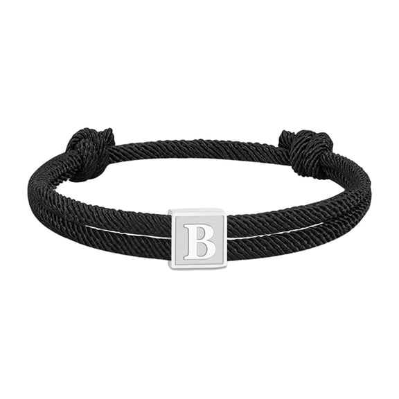 PAURO Initial Bracelets for Men Women Couples Handmade Braided Adjustable Rope Black A-Z Letter K Name Simple Stainless Steel Personalized Cuff Capital Monogram Jewelry Black Letter B