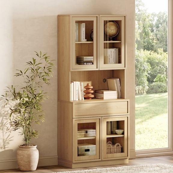 Modern 72" Tall Bookshelf with Glass Doors, Drawers & Adjustable Shelves,Storage Cabinet and Glass Display Shelves,Oak