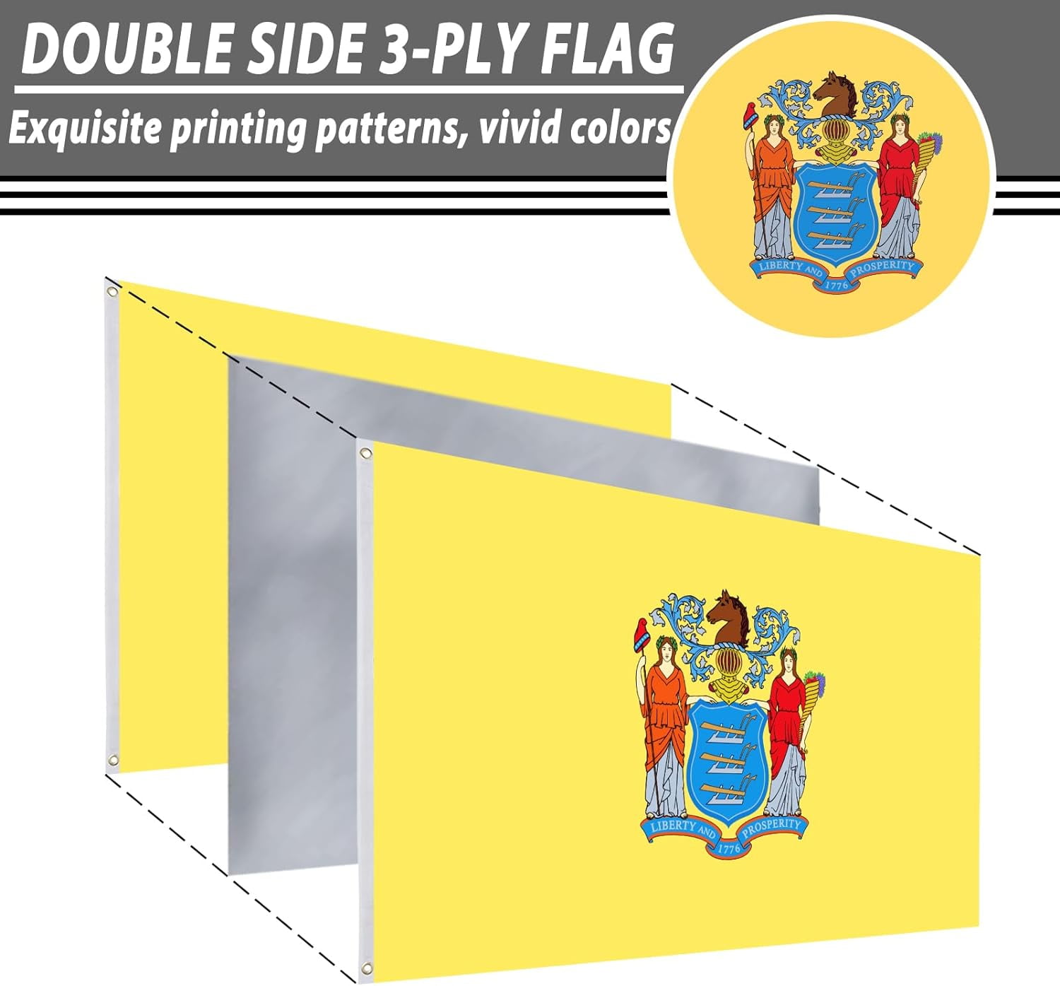 FLAGWIN New Jersey Flag 3x5 FT - 3 Ply Double Sided Polyester New Jersey State Flag with Brass Grommets - Vivid Color and Fade Proof State of New Jersey Flag 3x5 Outdoor