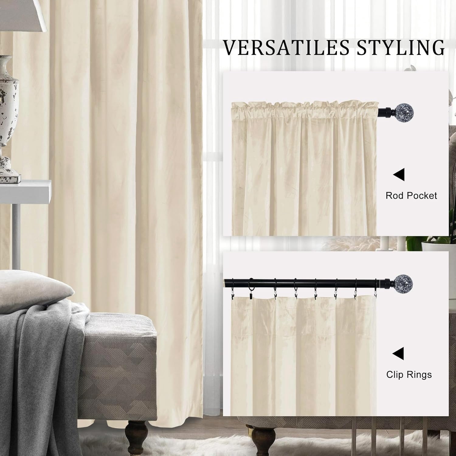 Hiasan Luxury Cream Velvet Curtain with Tiebacks-Blackout Curtains for Bedroom/Living Room, Rod Pocket, 52" x 84", Set of 2