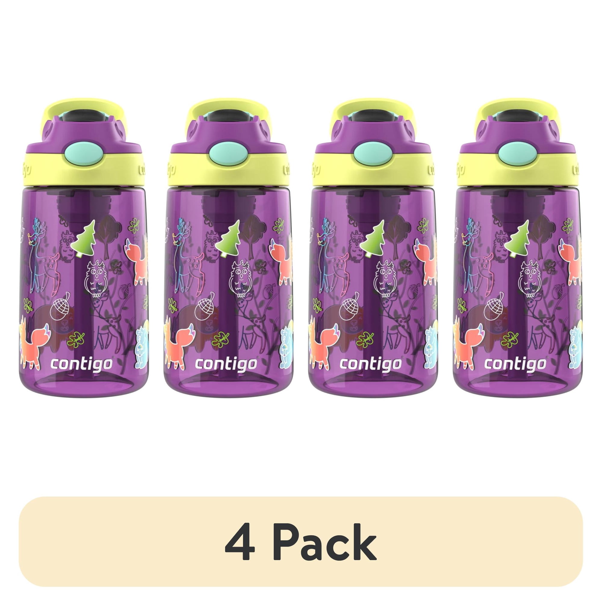 (4 pack) Contigo Kids Water Bottle with Redesigned AUTOSPOUT Straw, 14 oz, Grape Forest Haven